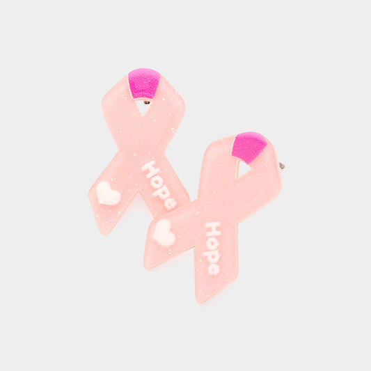 Pink Hope Message Glittered Pink Ribbon Stud Earrings