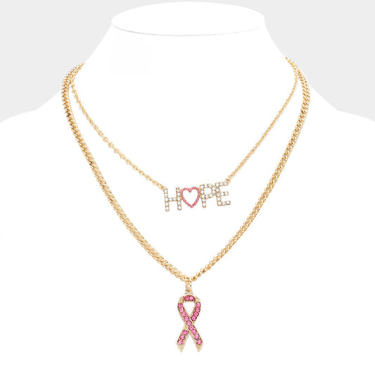Gold, Pink Hope Message Pink Ribbon Pendant Double Layered Necklace