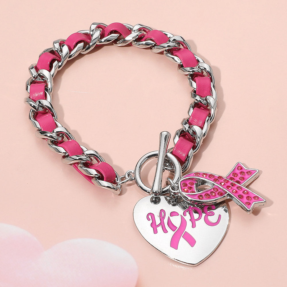 Pink Hope Pink Ribbon Awareness Charm Chain Toggle Bracelet