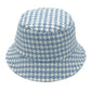 Blue Polyester Houndstooth Patterned Bucket Hat, this bucket hat doubles as a rain hat and is snug on the head and stays on well. It will work well to keep the rain off the head and out of the eyes and also the back of the neck. Wear it to lend a modern liveliness above a raincoat on trans-seasonal days in the city.