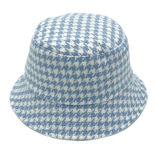 Blue Polyester Houndstooth Patterned Bucket Hat, this bucket hat doubles as a rain hat and is snug on the head and stays on well. It will work well to keep the rain off the head and out of the eyes and also the back of the neck. Wear it to lend a modern liveliness above a raincoat on trans-seasonal days in the city.