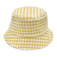 Yellow Polyester Houndstooth Patterned Bucket Hat, this bucket hat doubles as a rain hat and is snug on the head and stays on well. It will work well to keep the rain off the head and out of the eyes and also the back of the neck. Wear it to lend a modern liveliness above a raincoat on trans-seasonal days in the city.