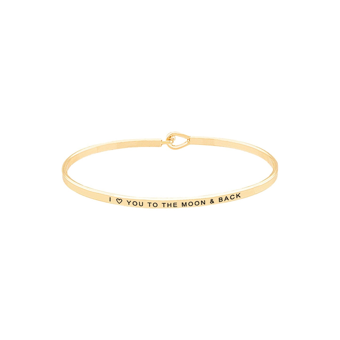 Gold I Love You to the Moon & Back Brass Thin Metal Hook Bracelet. Look like the ultimate fashionista with these Bracelet! Add something special to your outfit this Valentine! special It will be your new favorite accessory. Perfect Birthday Gift, Anniversary Gift, Mother's Day Gift, Graduation Gift, Valentine's Day Gift.