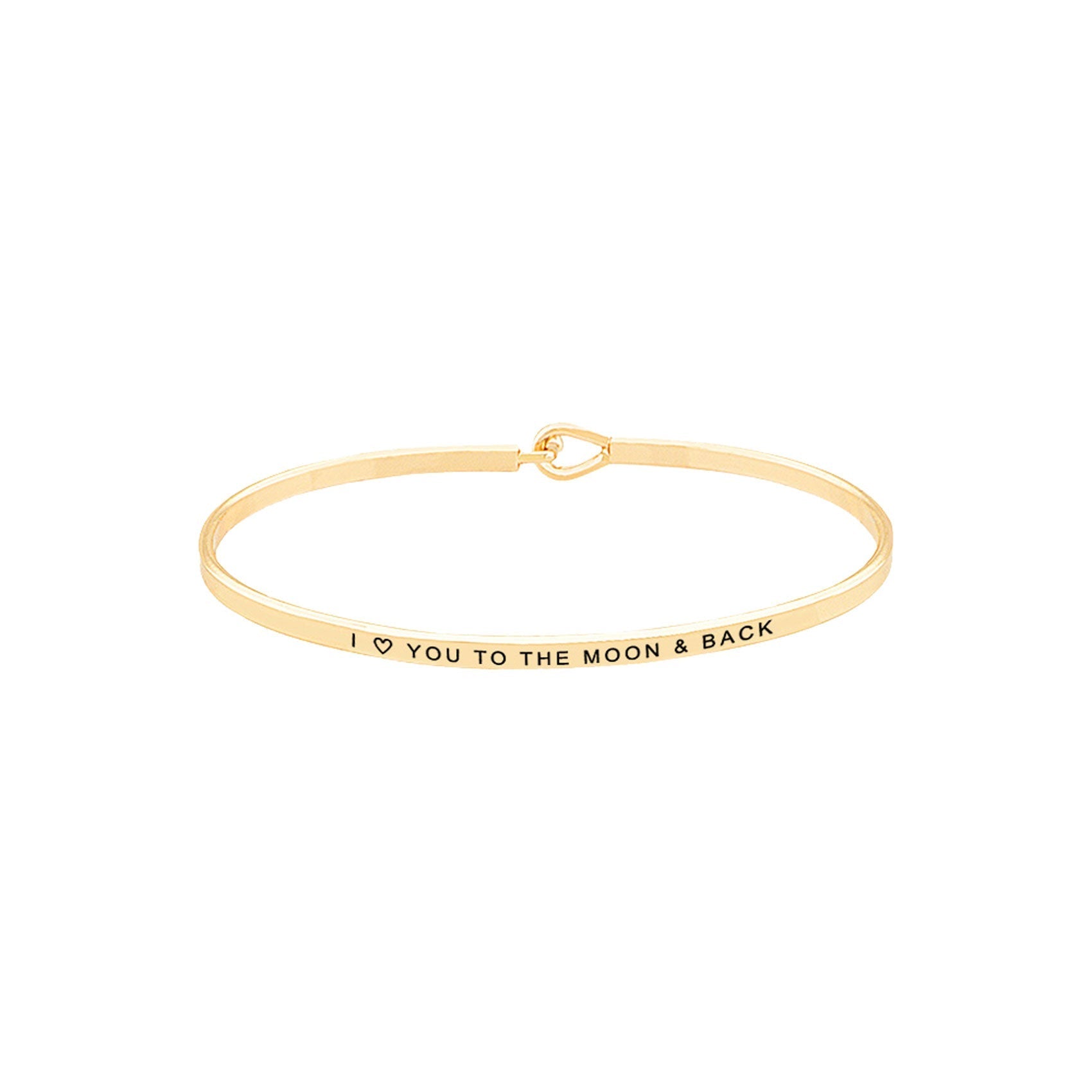 Gold I Love You to the Moon & Back Brass Thin Metal Hook Bracelet. Look like the ultimate fashionista with these Bracelet! Add something special to your outfit this Valentine! special It will be your new favorite accessory. Perfect Birthday Gift, Anniversary Gift, Mother's Day Gift, Graduation Gift, Valentine's Day Gift.