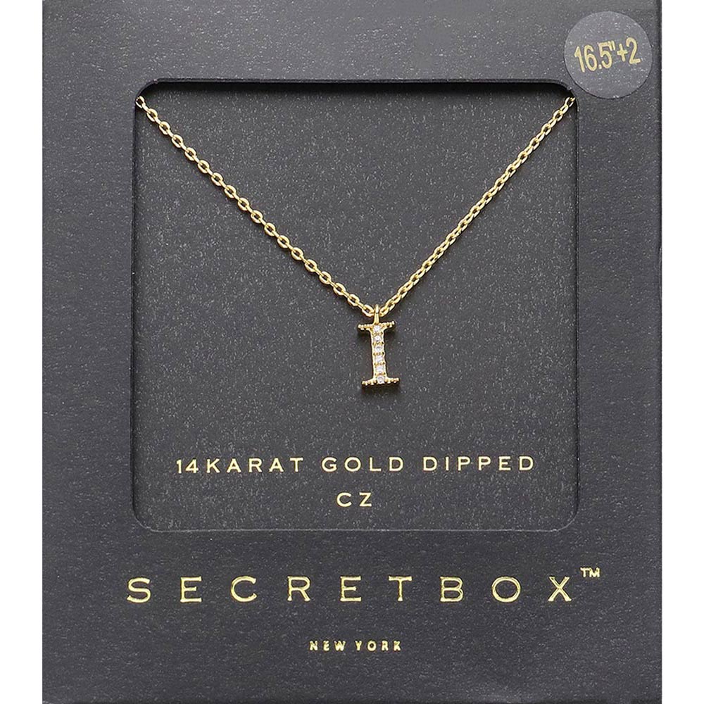 ~I~, Gold -I- Secret Box _ 14K Gold Dipped CZ Initial Monogram Pendant Necklace