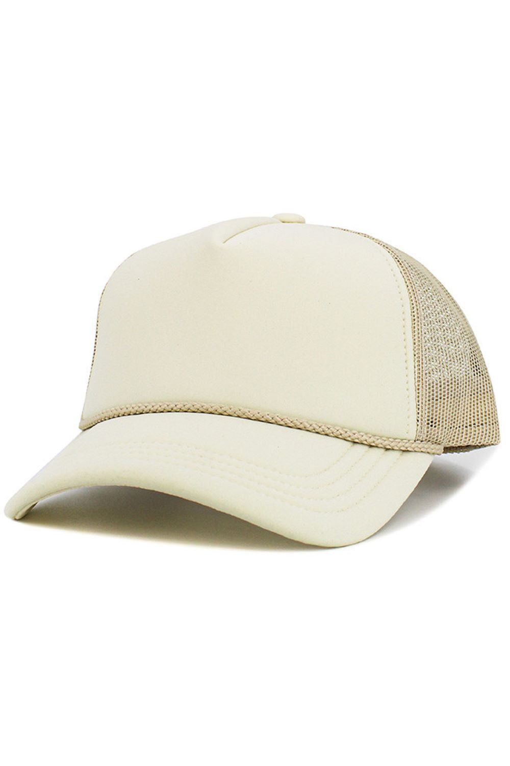 Ivory This Two Tone Foam Rope String Trim Trucker Hat features a classic rope string trim and breathable mesh back for a laid-back, retro-inspired look. Lightweight and adjustable, it offers all-day comfort while adding effortless style to casual and outdoor outfits.