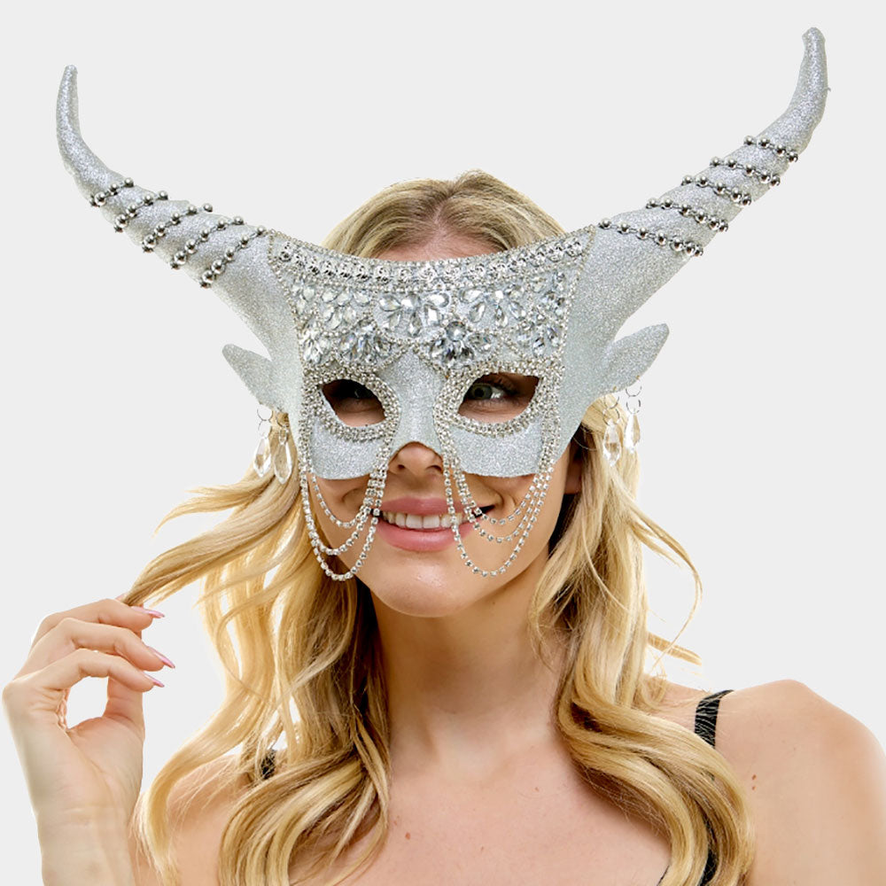 Silver Jeweled Mask With Horn