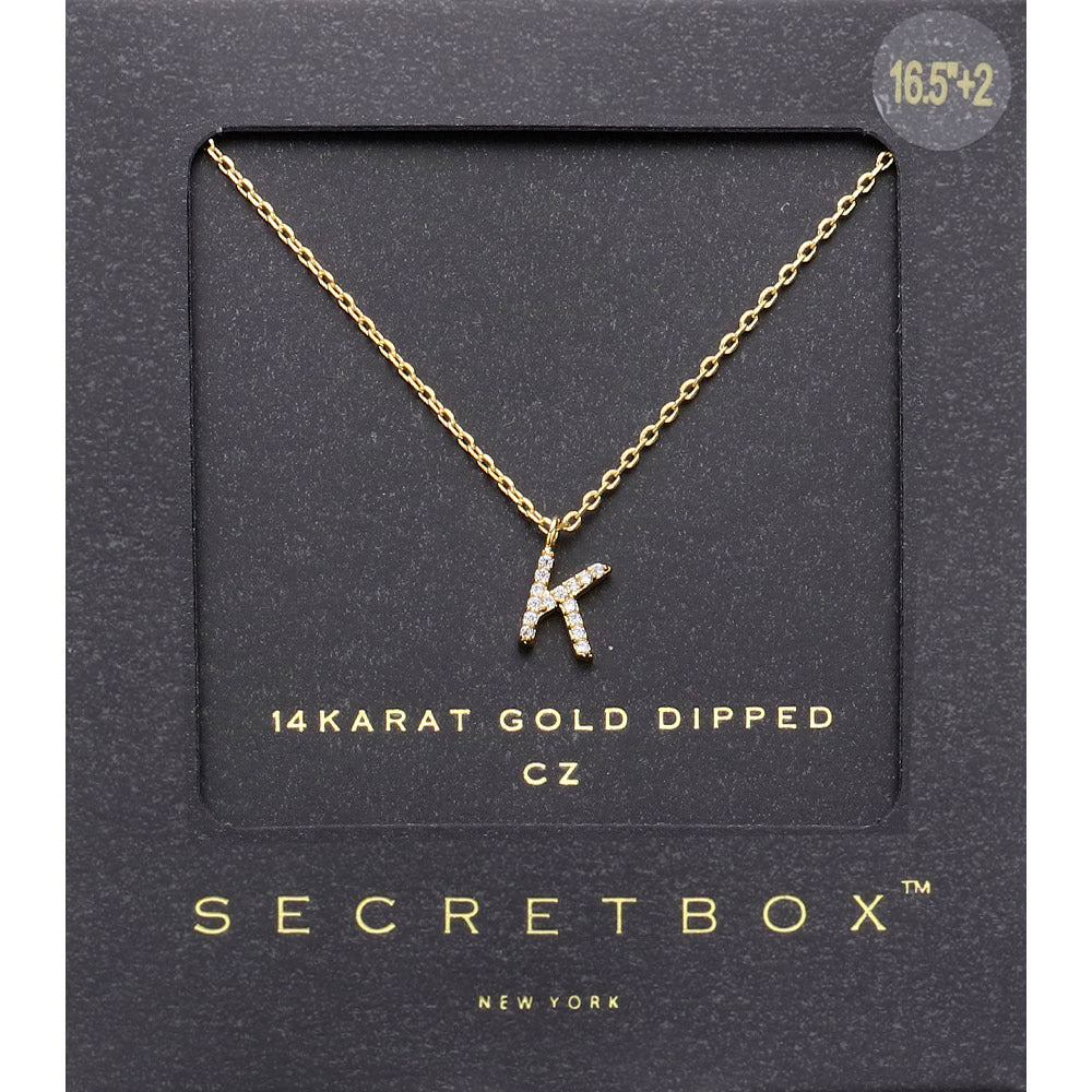 ~K~, Gold -K- Secret Box _ 14K Gold Dipped CZ Initial Monogram Pendant Necklace