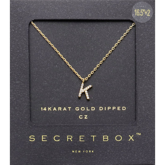 ~K~, Gold -K- Secret Box _ 14K Gold Dipped CZ Initial Monogram Pendant Necklace