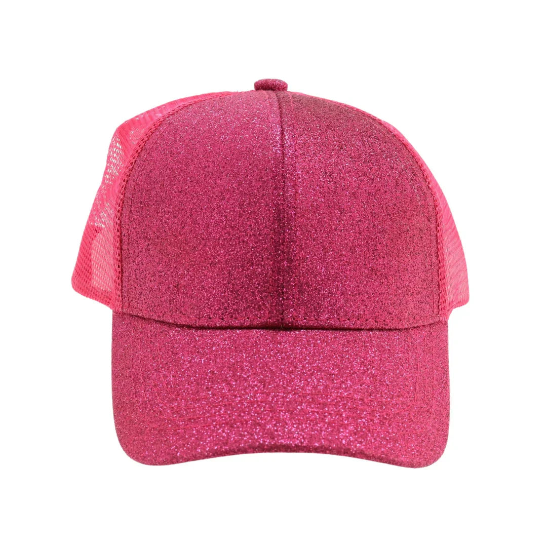 Hot Pink Kids Glitter High Ponytail CC Ball Cap combines style and practicality, featuring a sparkling glitter finish that adds fun flair. Designed with a high ponytail opening, it comfortably accommodates various hair types and styles, making it ideal for active kids. The adjustable fit ensures secure wear during play, while the breathable fabric keeps little heads cool. Perfect for everyday use or special occasions, this cap offers both comfort and a trendy look for young fashion enthusiasts. 