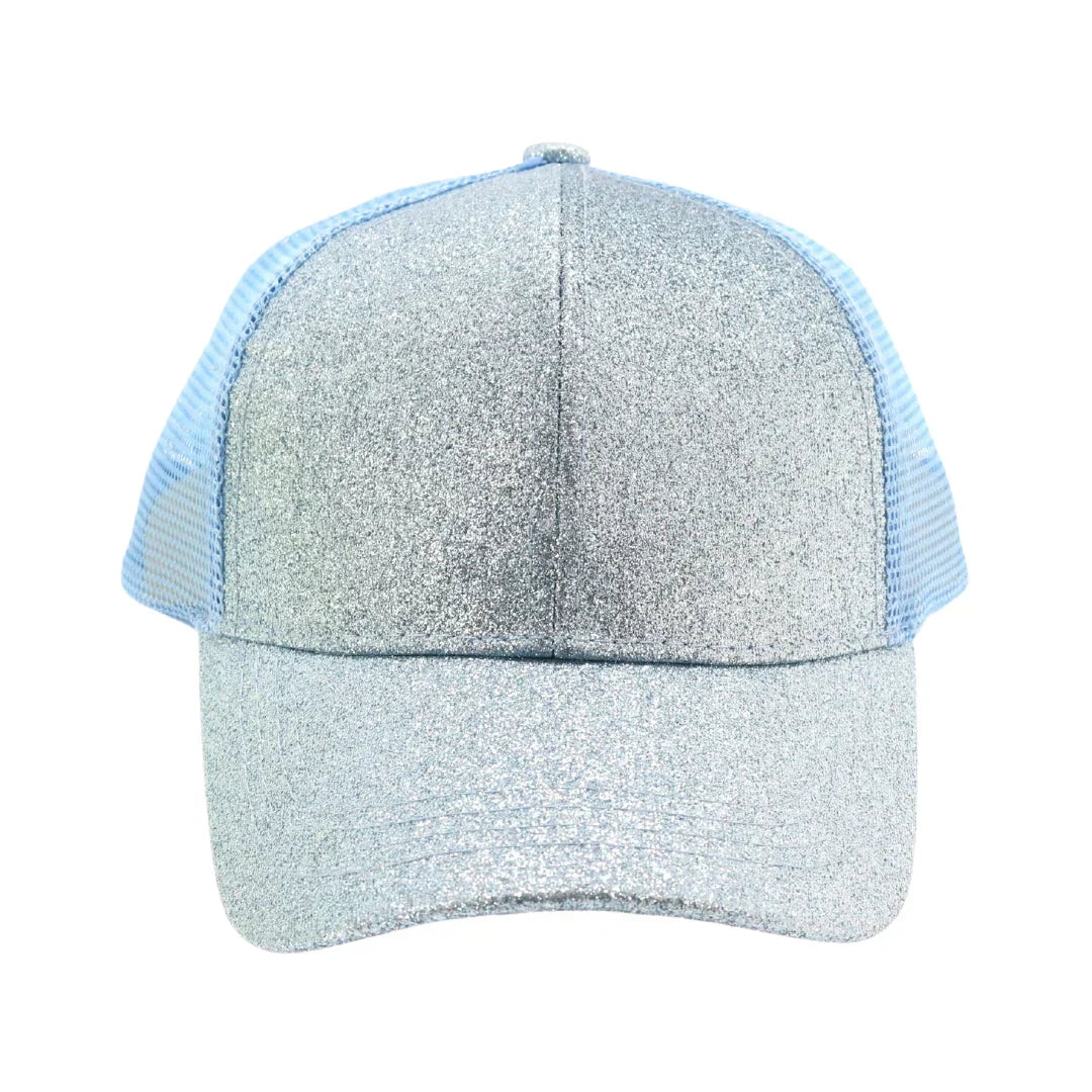 Light Blue Kids Glitter High Ponytail CC Ball Cap combines style and practicality, featuring a sparkling glitter finish that adds fun flair. Designed with a high ponytail opening, it comfortably accommodates various hair types and styles, making it ideal for active kids. The adjustable fit ensures secure wear during play, while the breathable fabric keeps little heads cool. Perfect for everyday use or special occasions, this cap offers both comfort and a trendy look for young fashion enthusiasts. 
