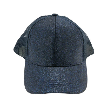 Navy Kids Glitter High Ponytail CC Ball Cap combines style and practicality, featuring a sparkling glitter finish that adds fun flair. Designed with a high ponytail opening, it comfortably accommodates various hair types and styles, making it ideal for active kids. The adjustable fit ensures secure wear during play, while the breathable fabric keeps little heads cool. Perfect for everyday use or special occasions, this cap offers both comfort and a trendy look for young fashion enthusiasts. 