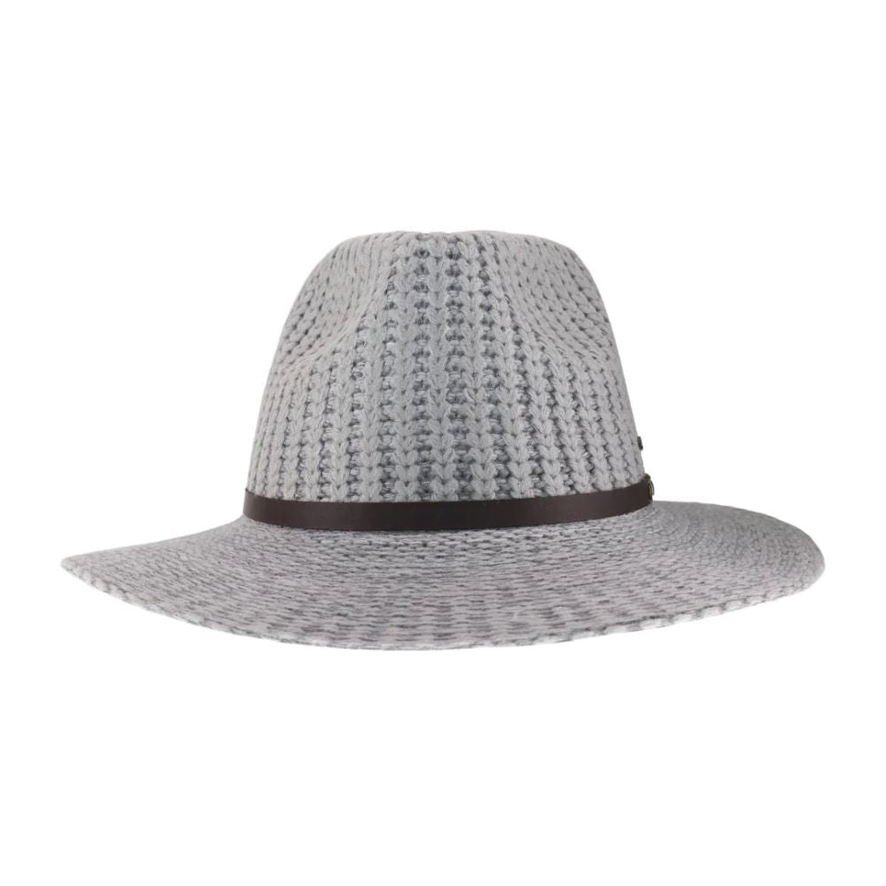 Light-Grey-The Knit C.C Fedora Hat with Leather Band offers a sophisticated blend of classic style and modern comfort. Crafted from soft knit material, it provides warmth and flexibility, while the genuine leather band adds a touch of elegance and durability. This expertly designed fedora is ideal for those who appreciate refined accessories that enhance both casual and formal outfits.