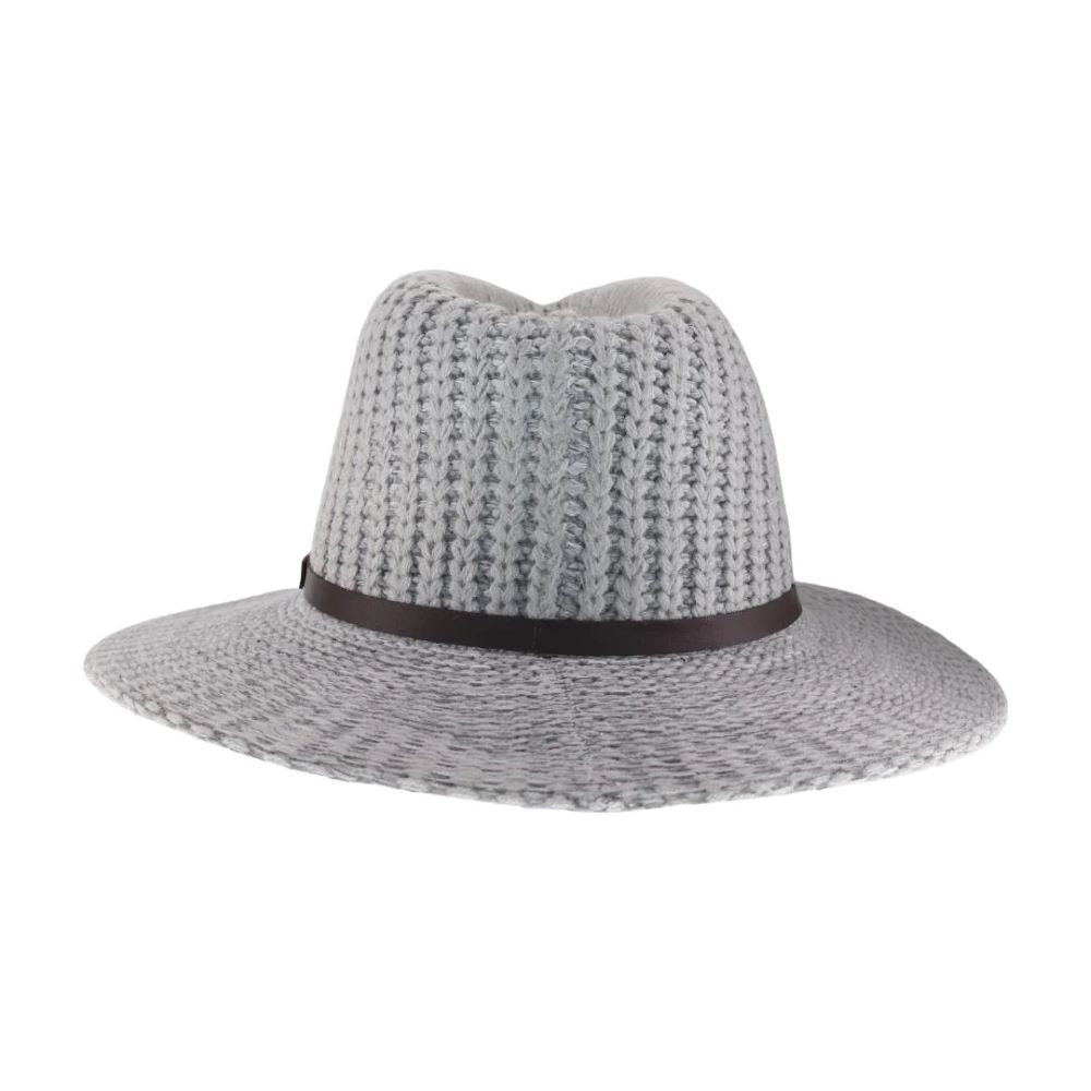 Light-Grey-The Knit C.C Fedora Hat with Leather Band offers a sophisticated blend of classic style and modern comfort. Crafted from soft knit material, it provides warmth and flexibility, while the genuine leather band adds a touch of elegance and durability. This expertly designed fedora is ideal for those who appreciate refined accessories that enhance both casual and formal outfits.