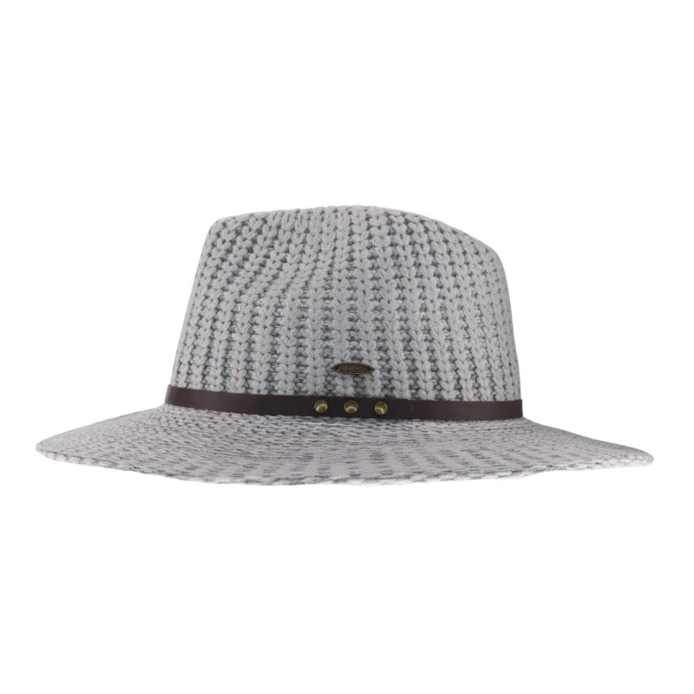 Light-Grey-The Knit C.C Fedora Hat with Leather Band offers a sophisticated blend of classic style and modern comfort. Crafted from soft knit material, it provides warmth and flexibility, while the genuine leather band adds a touch of elegance and durability. This expertly designed fedora is ideal for those who appreciate refined accessories that enhance both casual and formal outfits.