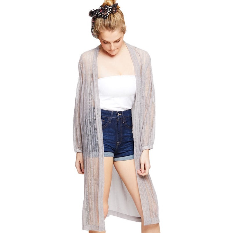 Gray Lace Detailed Long Sleeve Sheer Kimono Poncho Open Cardigan Beachwear; wear over your favorite blouse & slacks for a chic stylish look, use over your bathing suit, enjoy the beach or pool. Perfect Birthday Gift, Mother's Day Gift, Anniversary Gift, Beachwear, Thank you Gift, Sheer Cover-Up Kimono, Laced Kimono Cardigan