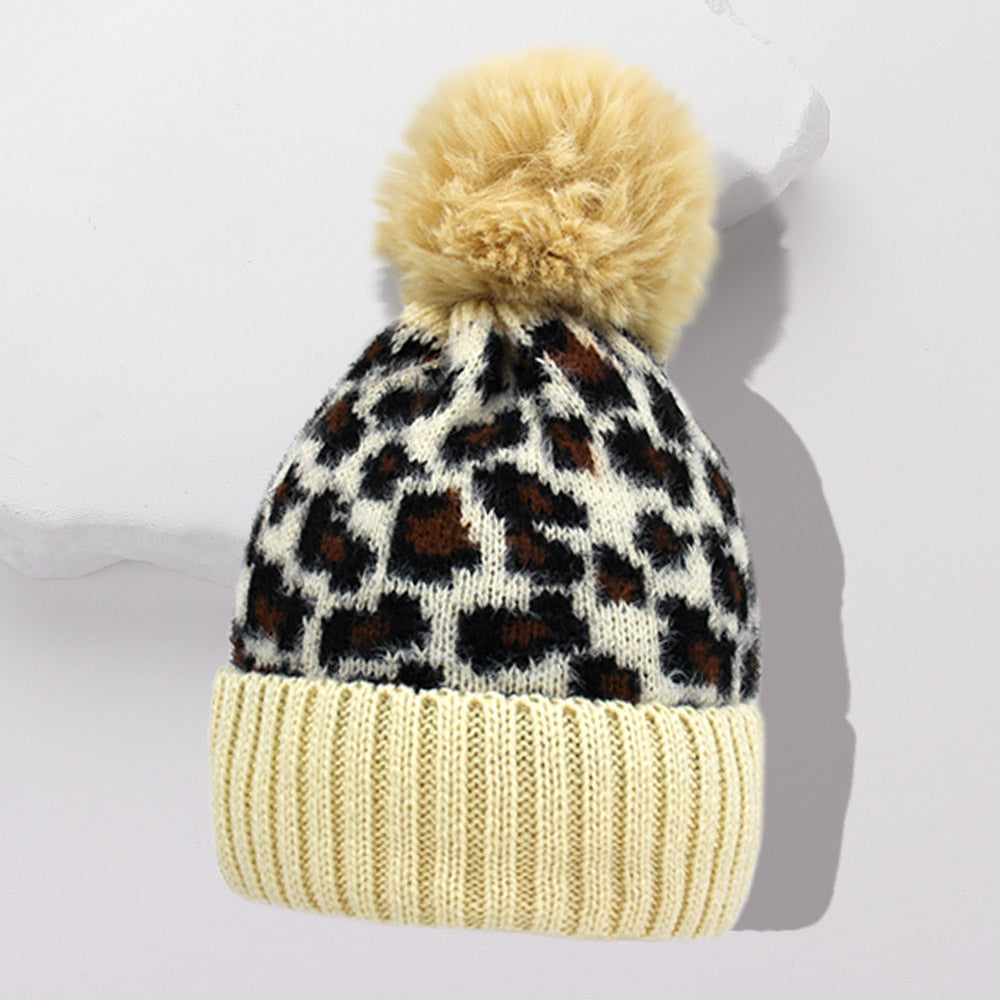 Beige Leopard Pattern Pom Pom Beanie Hat