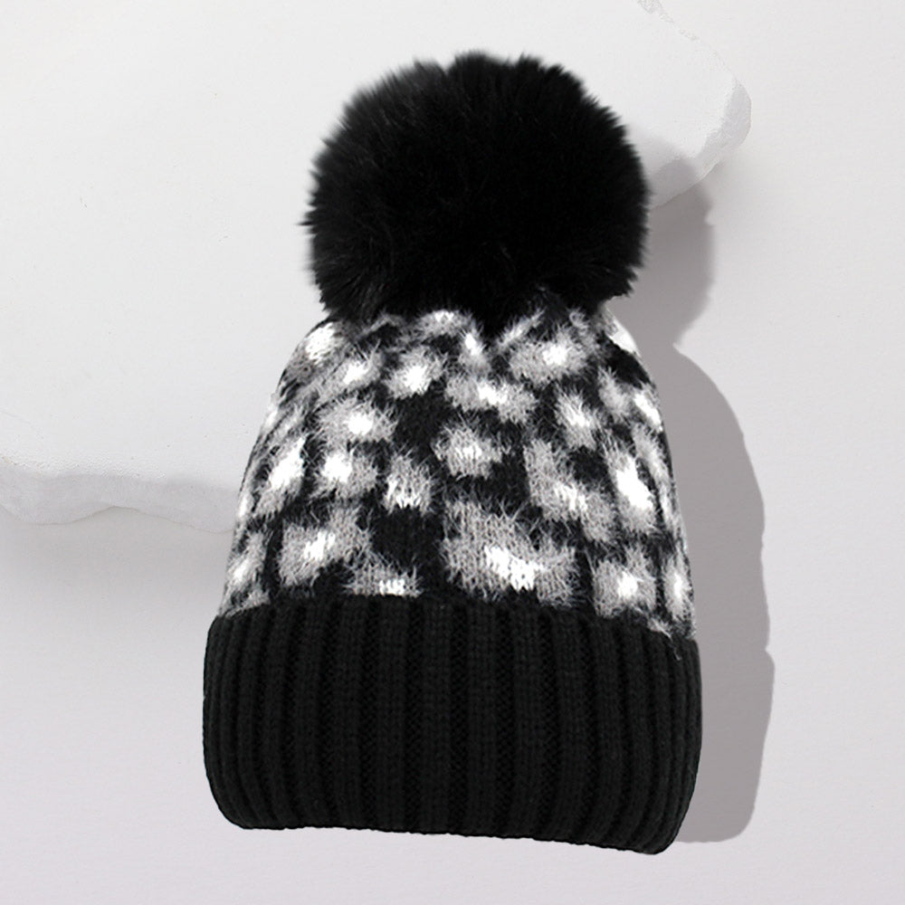 Black Leopard Pattern Pom Pom Beanie Hat