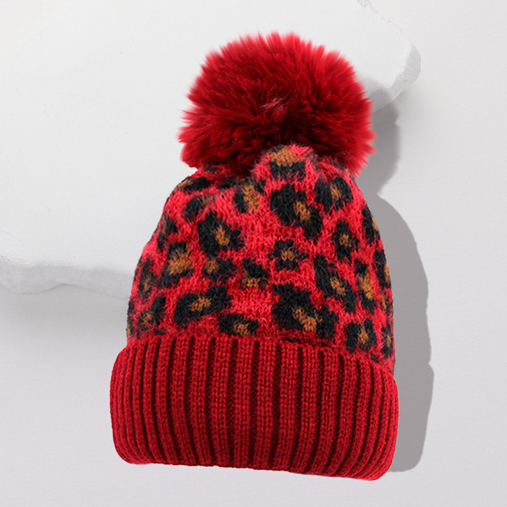 Burgundy Leopard Pattern Pom Pom Beanie Hat