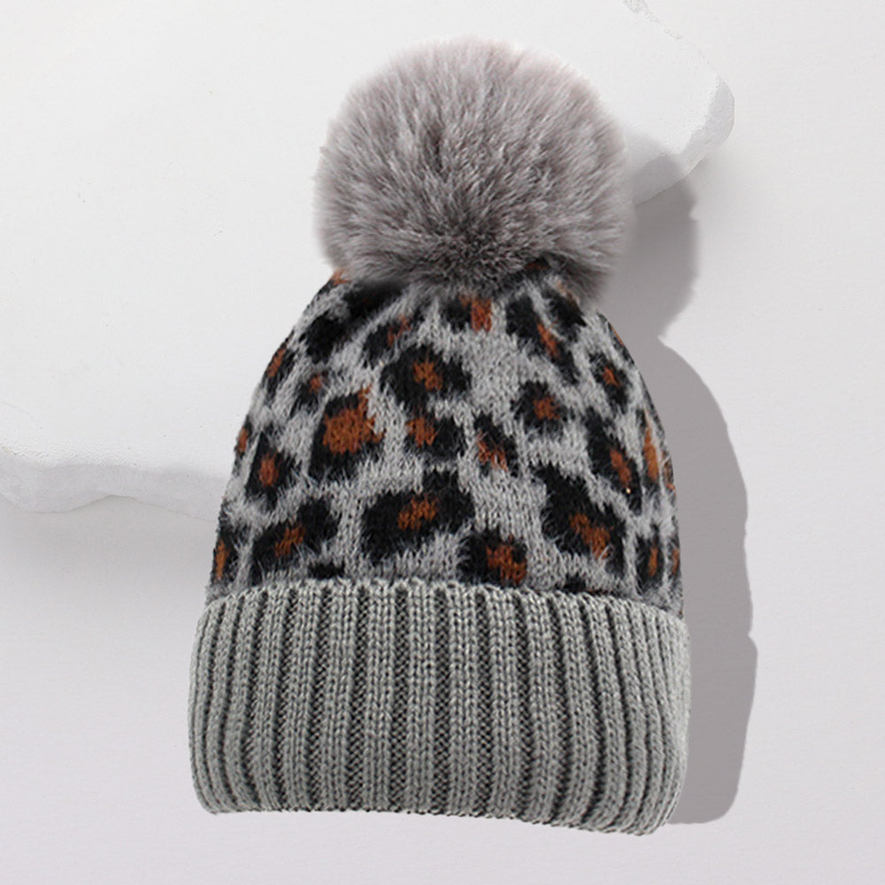 Gray Leopard Pattern Pom Pom Beanie Hat