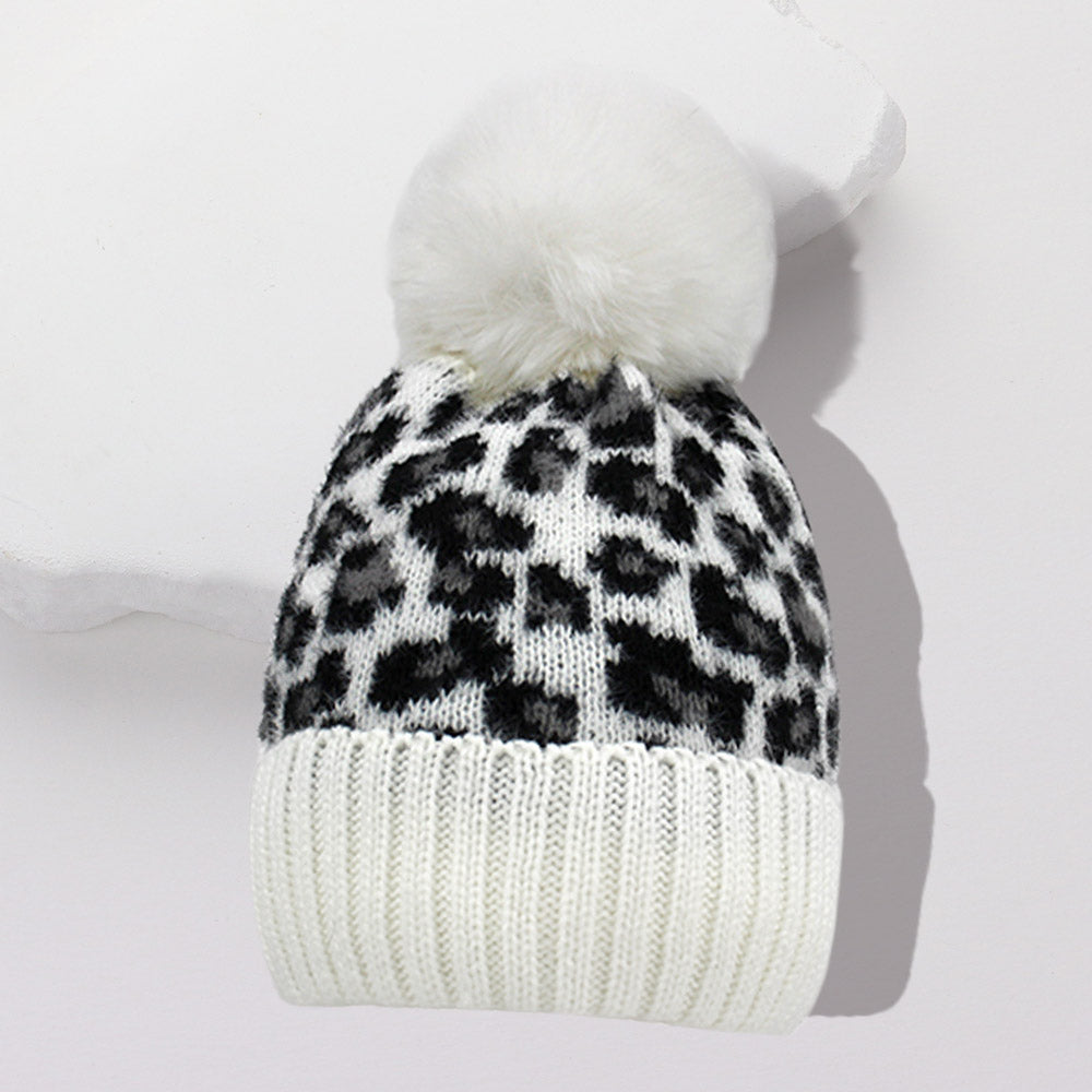 White Leopard Pattern Pom Pom Beanie Hat