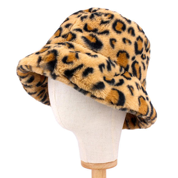Leopard Patterned Faux Fur Bucket Hat, stay warm and cozy, protect yourself from the cold, this most recognizable look with remarkable bold, soft & chic bucket hat, features a rounded design with a short brim. The hat is foldable, great for daytime. Perfect Gift for cold weather!