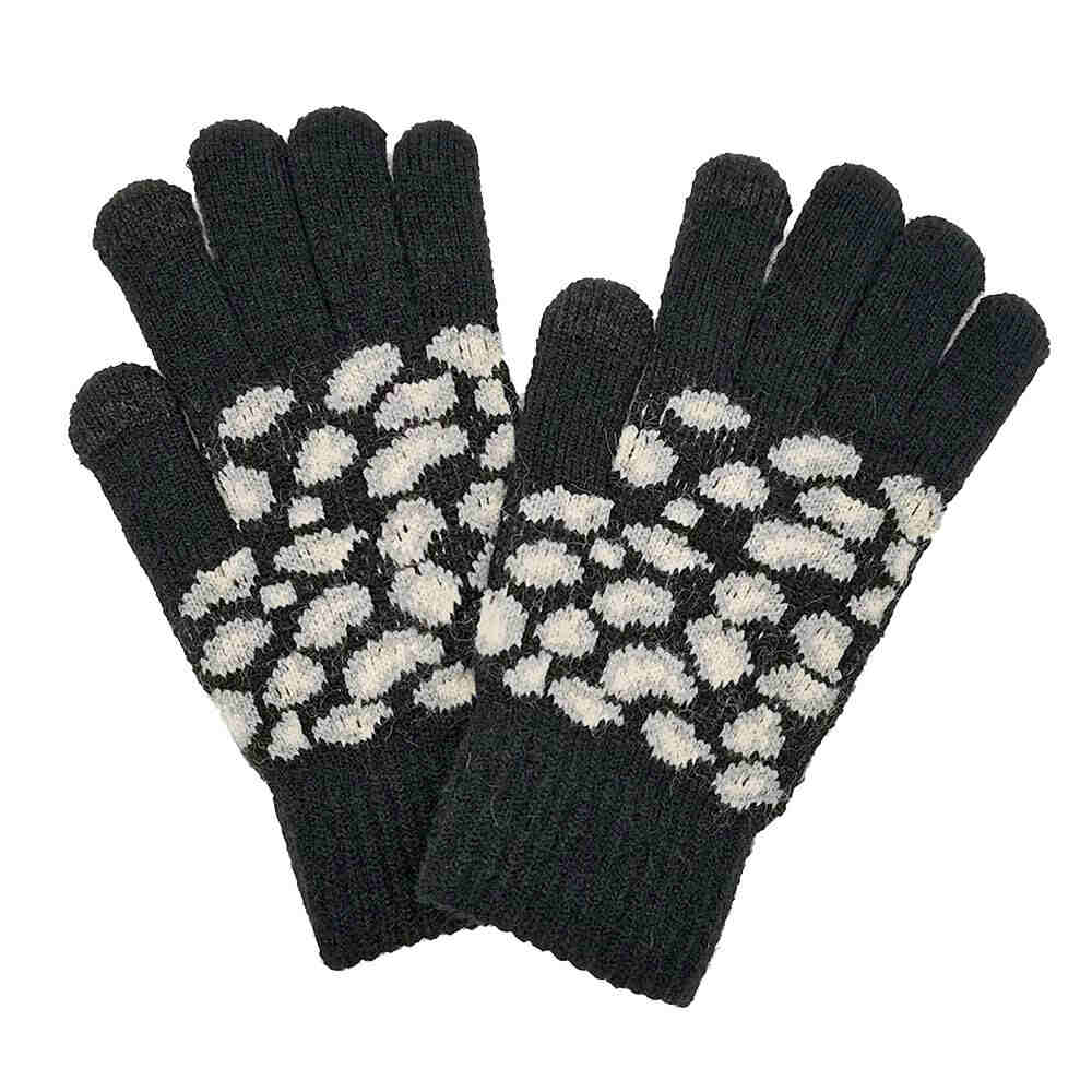 Black Leopard Patterned Knit Smart Gloves, cozy design gives a trendy, chic style to any stylish winter wardrobe. An eye-catching colorblock, tech-friendly, stretches for snug fit. Perfect Birthday Gift, Anniversary Gift, Regalo Navidad, Regalo Cumpleanos, Regalo Dia del Amor