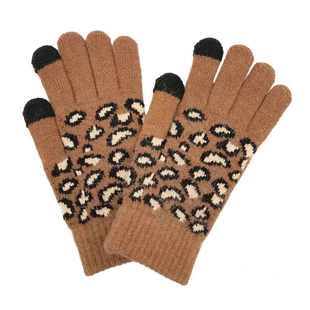 Brown Leopard Patterned Knit Smart Gloves, cozy design gives a trendy, chic style to any stylish winter wardrobe. An eye-catching colorblock, tech-friendly, stretches for snug fit. Perfect Birthday Gift, Anniversary Gift, Regalo Navidad, Regalo Cumpleanos, Regalo Dia del Amor