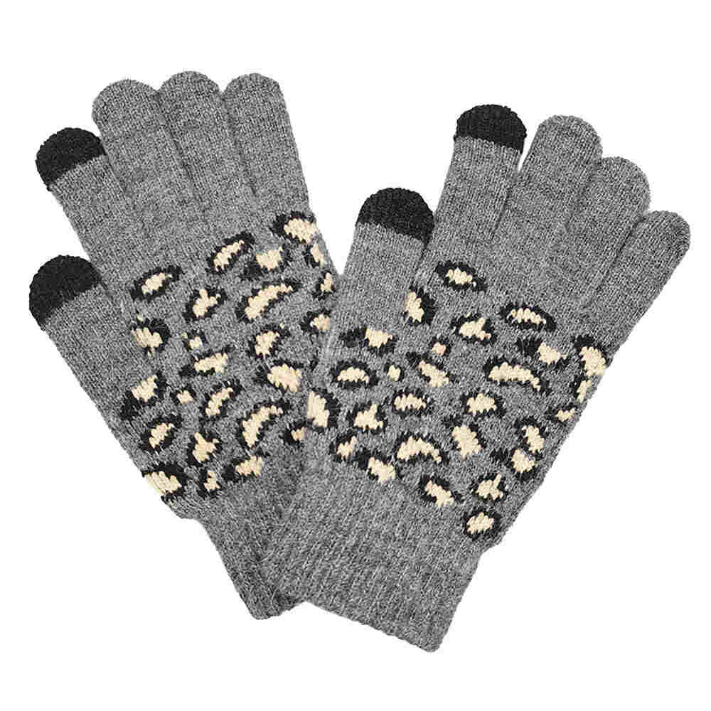 Gray Leopard Patterned Knit Smart Gloves, cozy design gives a trendy, chic style to any stylish winter wardrobe. An eye-catching colorblock, tech-friendly, stretches for snug fit. Perfect Birthday Gift, Anniversary Gift, Regalo Navidad, Regalo Cumpleanos, Regalo Dia del Amor