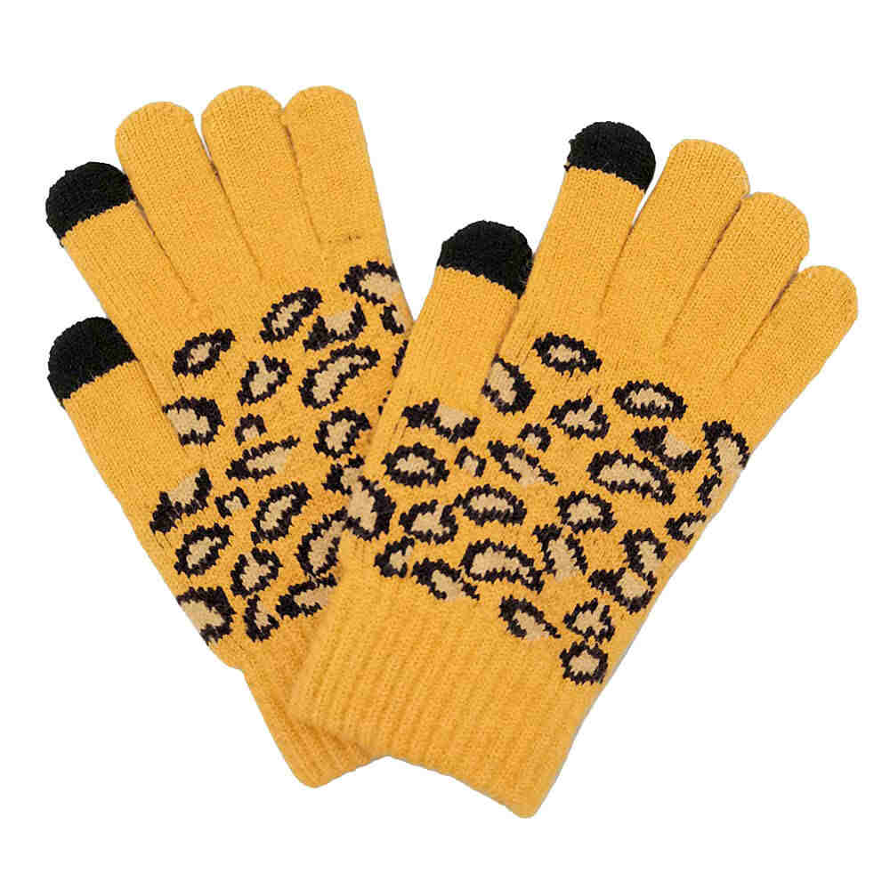 Mustard Leopard Patterned Knit Smart Gloves, cozy design gives a trendy, chic style to any stylish winter wardrobe. An eye-catching colorblock, tech-friendly, stretches for snug fit. Perfect Birthday Gift, Anniversary Gift, Regalo Navidad, Regalo Cumpleanos, Regalo Dia del Amor