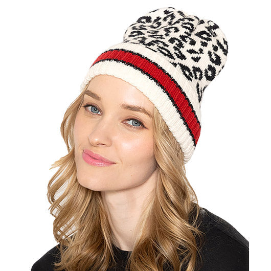 Leopard Patterned Striped Cuff Knit Beanie Hat - Beanies