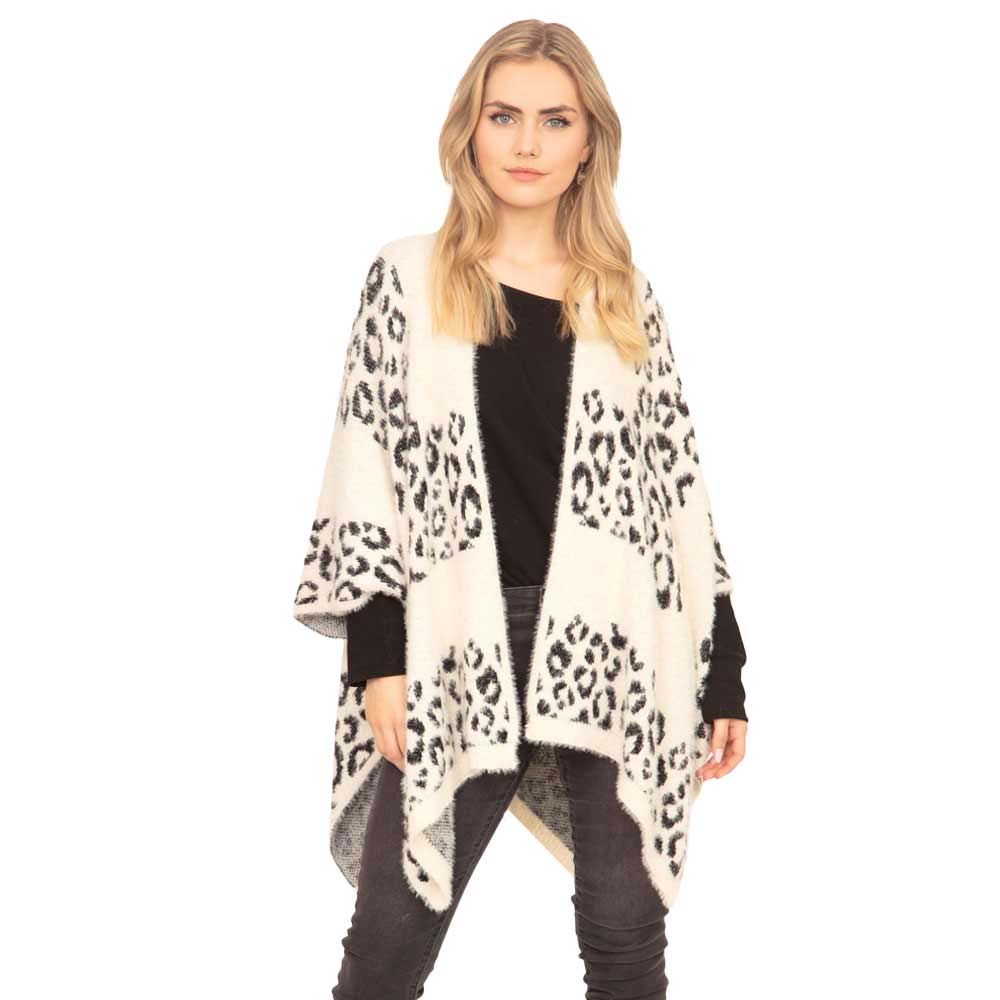 Leopard Printed Ruana Poncho Animal Pattern Poncho - Ivory - Ponchos
