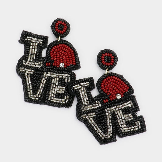 Black LOVE Felt Back Seed Beaded Football Helmet Pointed Message Dangle Earrings