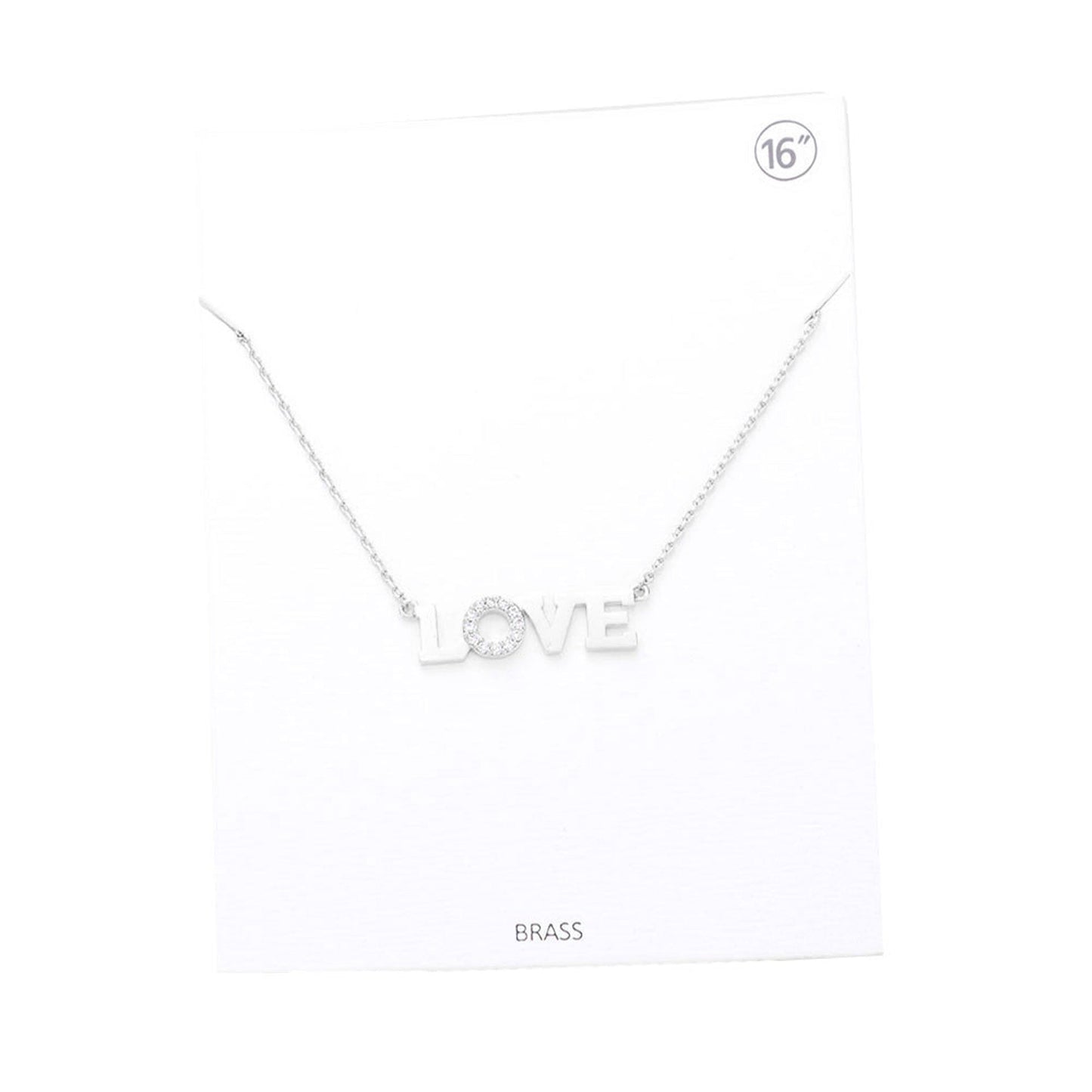 Rhodium Love Rhinestone Embellished Brass Metal Message Pendant Necklace. Beautifully crafted design adds a gorgeous glow to any outfit. Jewelry that fits your lifestyle! Perfect Birthday Gift, Anniversary Gift, Mother's Day Gift, Graduation Gift, Prom Jewelry, Just Because Gift, Thank you Gift, Valentine's Day Gift.