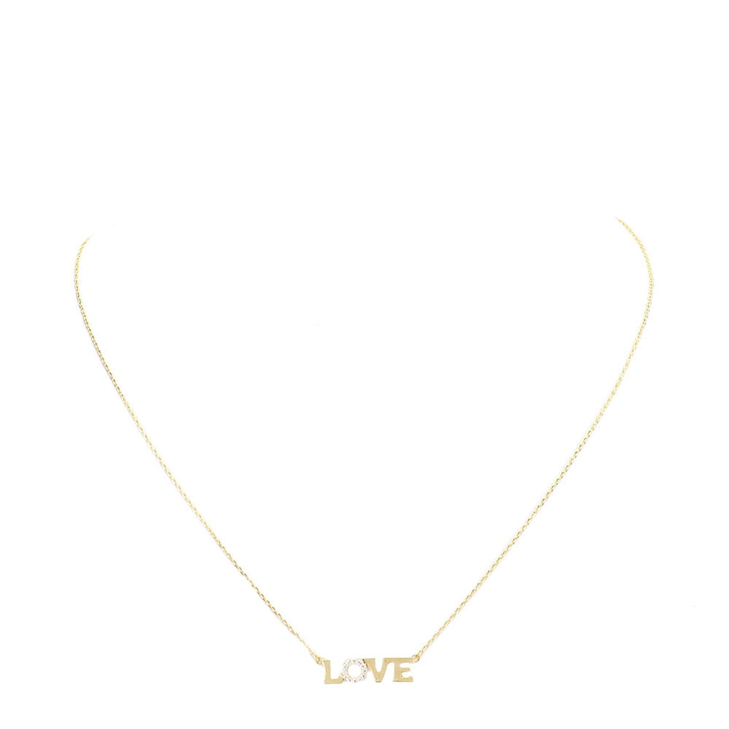 Gold Love Rhinestone Embellished Brass Metal Message Pendant Necklace. Beautifully crafted design adds a gorgeous glow to any outfit. Jewelry that fits your lifestyle! Perfect Birthday Gift, Anniversary Gift, Mother's Day Gift, Graduation Gift, Prom Jewelry, Just Because Gift, Thank you Gift, Valentine's Day Gift.