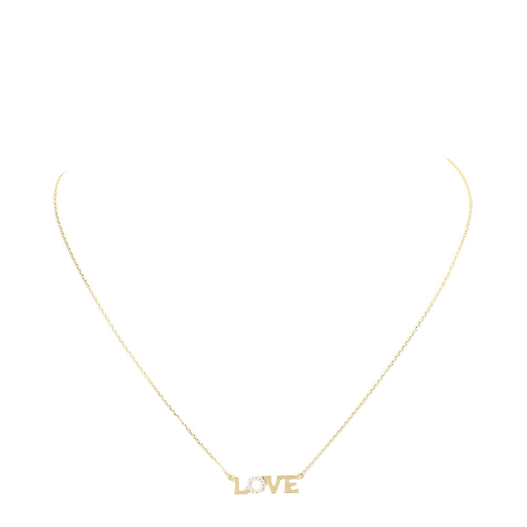 Gold Love Rhinestone Embellished Brass Metal Message Pendant Necklace. Beautifully crafted design adds a gorgeous glow to any outfit. Jewelry that fits your lifestyle! Perfect Birthday Gift, Anniversary Gift, Mother's Day Gift, Graduation Gift, Prom Jewelry, Just Because Gift, Thank you Gift, Valentine's Day Gift.