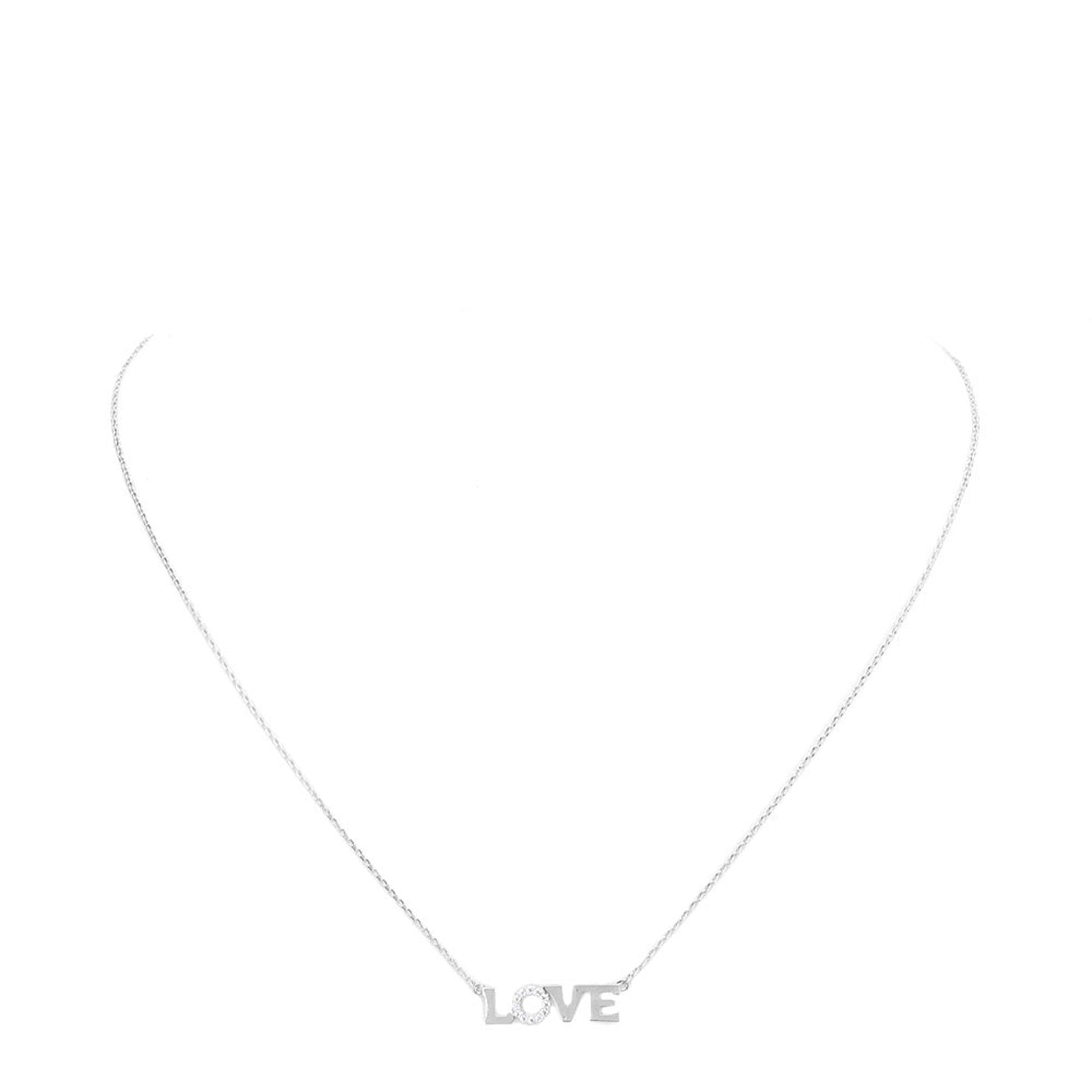 Rhodium Love Rhinestone Embellished Brass Metal Message Pendant Necklace. Beautifully crafted design adds a gorgeous glow to any outfit. Jewelry that fits your lifestyle! Perfect Birthday Gift, Anniversary Gift, Mother's Day Gift, Graduation Gift, Prom Jewelry, Just Because Gift, Thank you Gift, Valentine's Day Gift.
