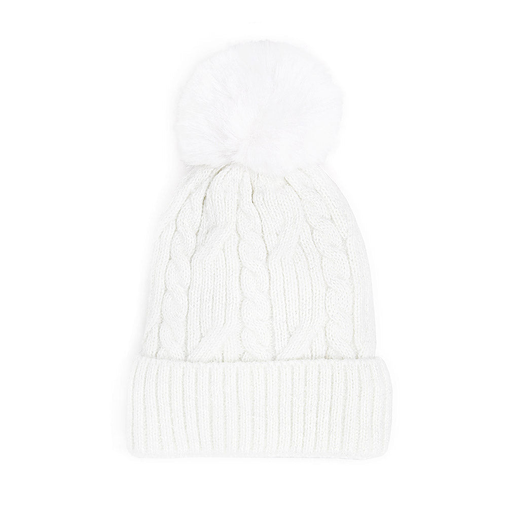 White Lurex Accented Solid Cable Knitted Pom Pom Beanie Hat Beanie Winter Hat, warm & cozy, this winter hat adds a glitzy sparkle to your wardrobe on windy chilly days. Classic, trendy chic easy to match your ensemble. Perfect Birthday Gift, Christmas Gift, Stocking Stuffers, Anniversary Gift, Valentine’s Day Gift, Loved One