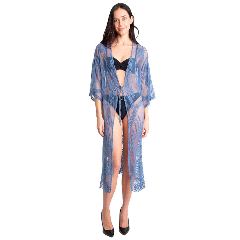 Denim Blue Lace Cover up Kimono Tie knot Closure Beach, Poolside chic made easy with this lightweight Cover up Lace Tie Knot Kimono featuring relaxed silhouette, great over your swimsuit or wear over your favorite camis, blouse & slacks, Perfect Birthday Gift, Anniversary Gift, Mother's Day Gift, Graduation Gift, Thank You Gift, Denim Blue Lace Kimono Cover Up Beachwear