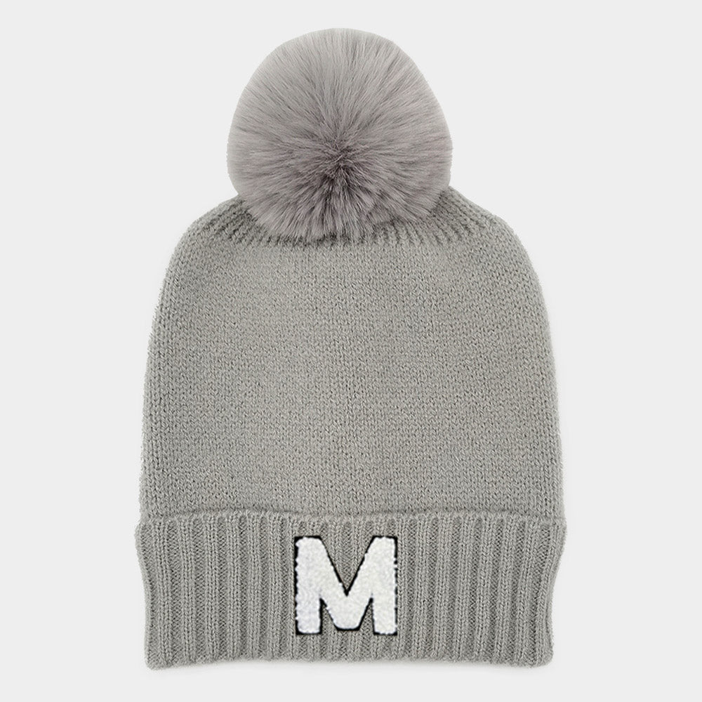Gray -M- Initial Monogram Faux Fur Pom Pom Knit Beanie Hat