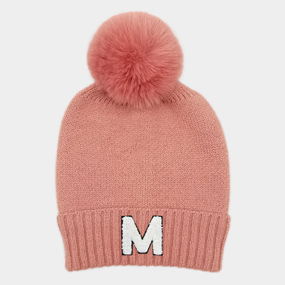 Pink -M- Initial Monogram Faux Fur Pom Pom Knit Beanie Hat