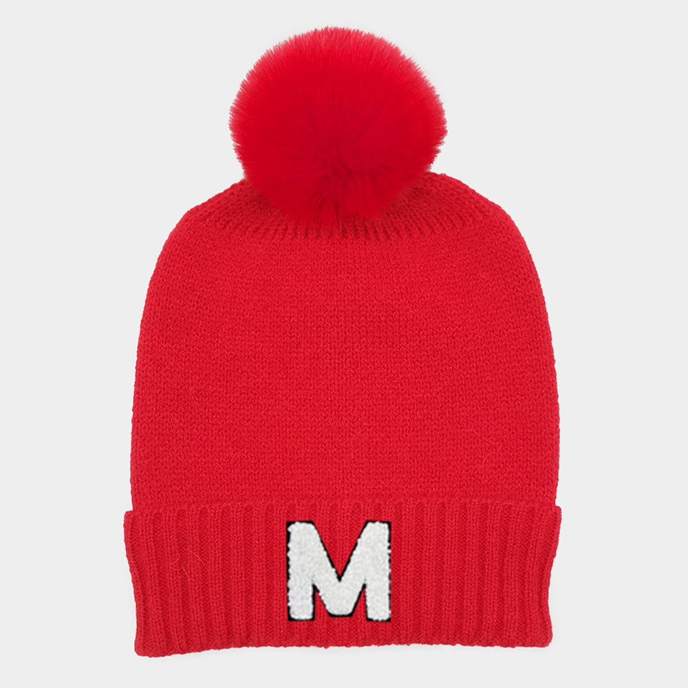 Red -M- Initial Monogram Faux Fur Pom Pom Knit Beanie Hat