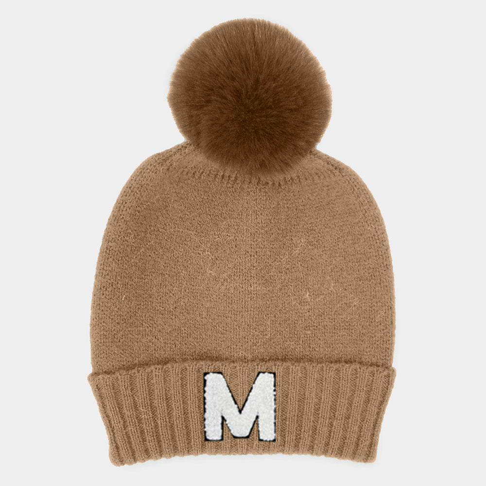 Taupe -M- Initial Monogram Faux Fur Pom Pom Knit Beanie Hat