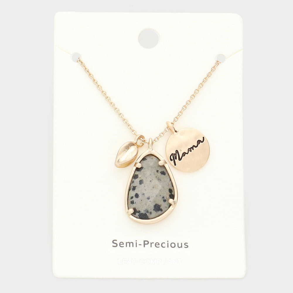 Black, Neutral Mama Metal Disc Irregular Teardrop Semi Precious Pendant Necklace
