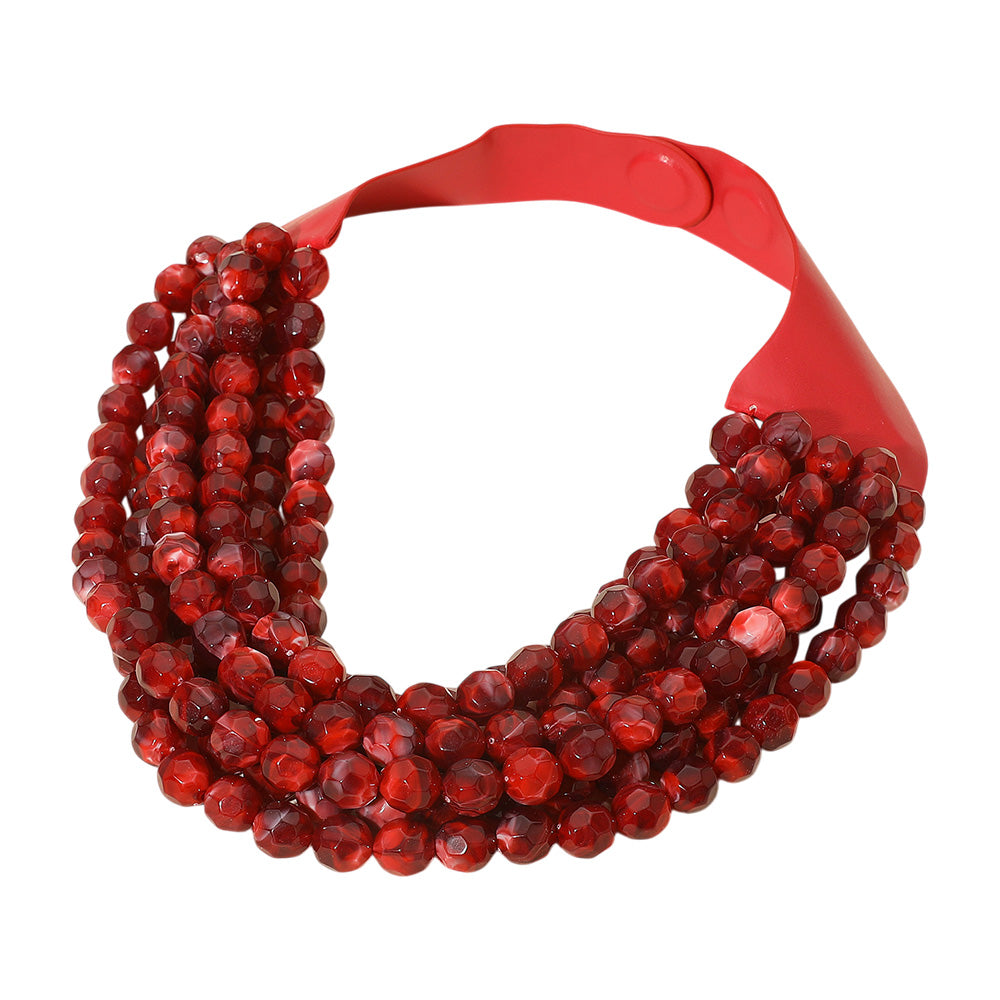Marbled Faceted Acrylic Ball Beaded Multi Strand Layered Faux Leather Magnetic Necklace - Burgundy - Necklaces