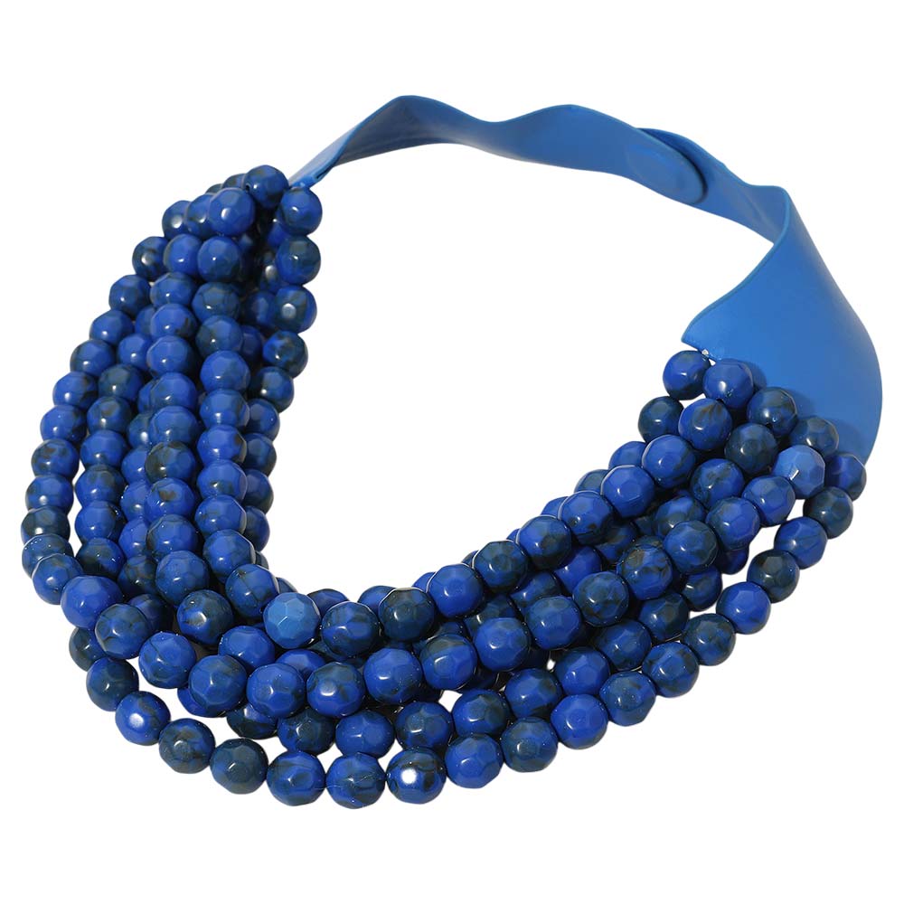 Marbled Faceted Acrylic Ball Beaded Multi Strand Layered Faux Leather Magnetic Necklace - Royal Blue - Necklaces