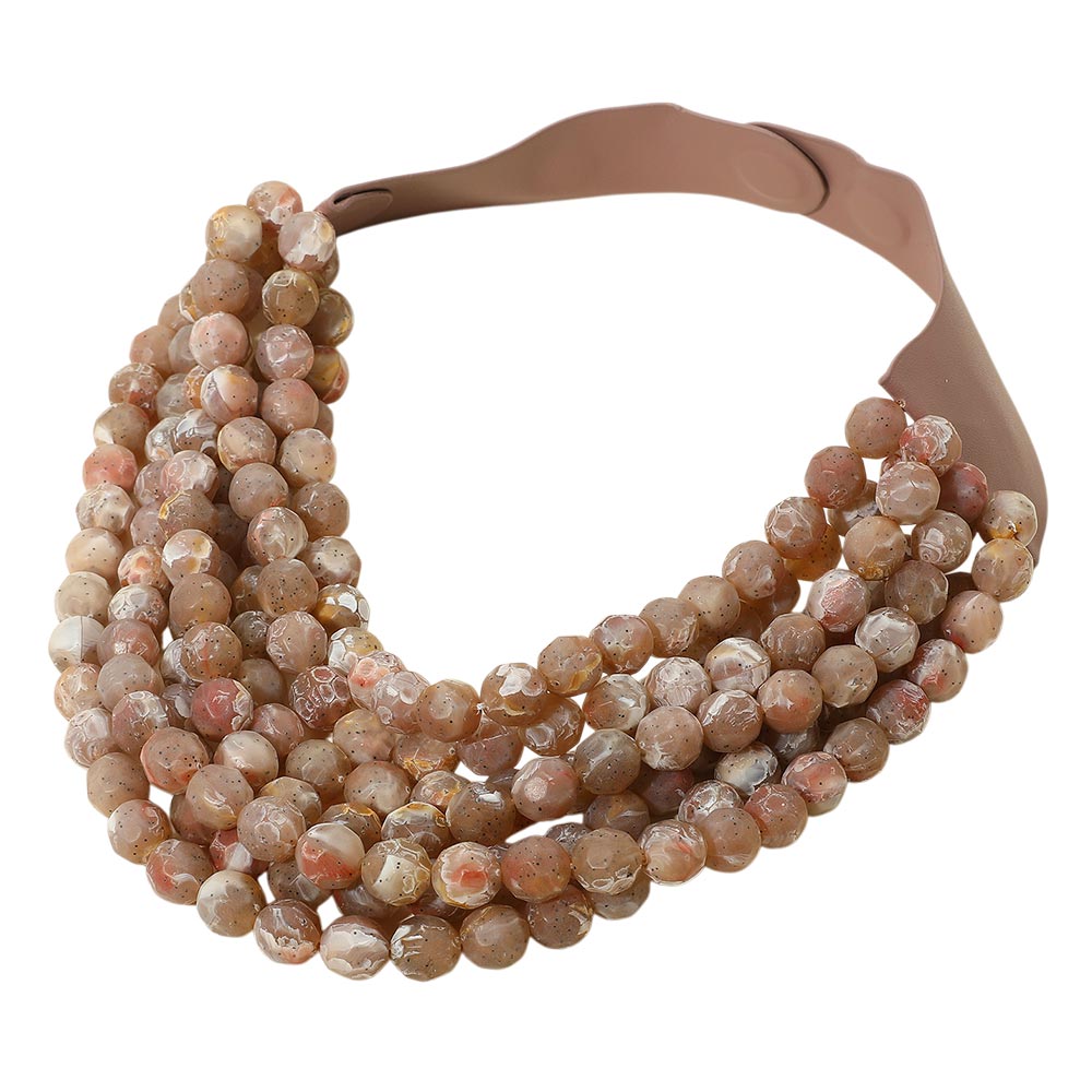 Marbled Faceted Acrylic Ball Beaded Multi Strand Layered Faux Leather Magnetic Necklace - Tan - Necklaces