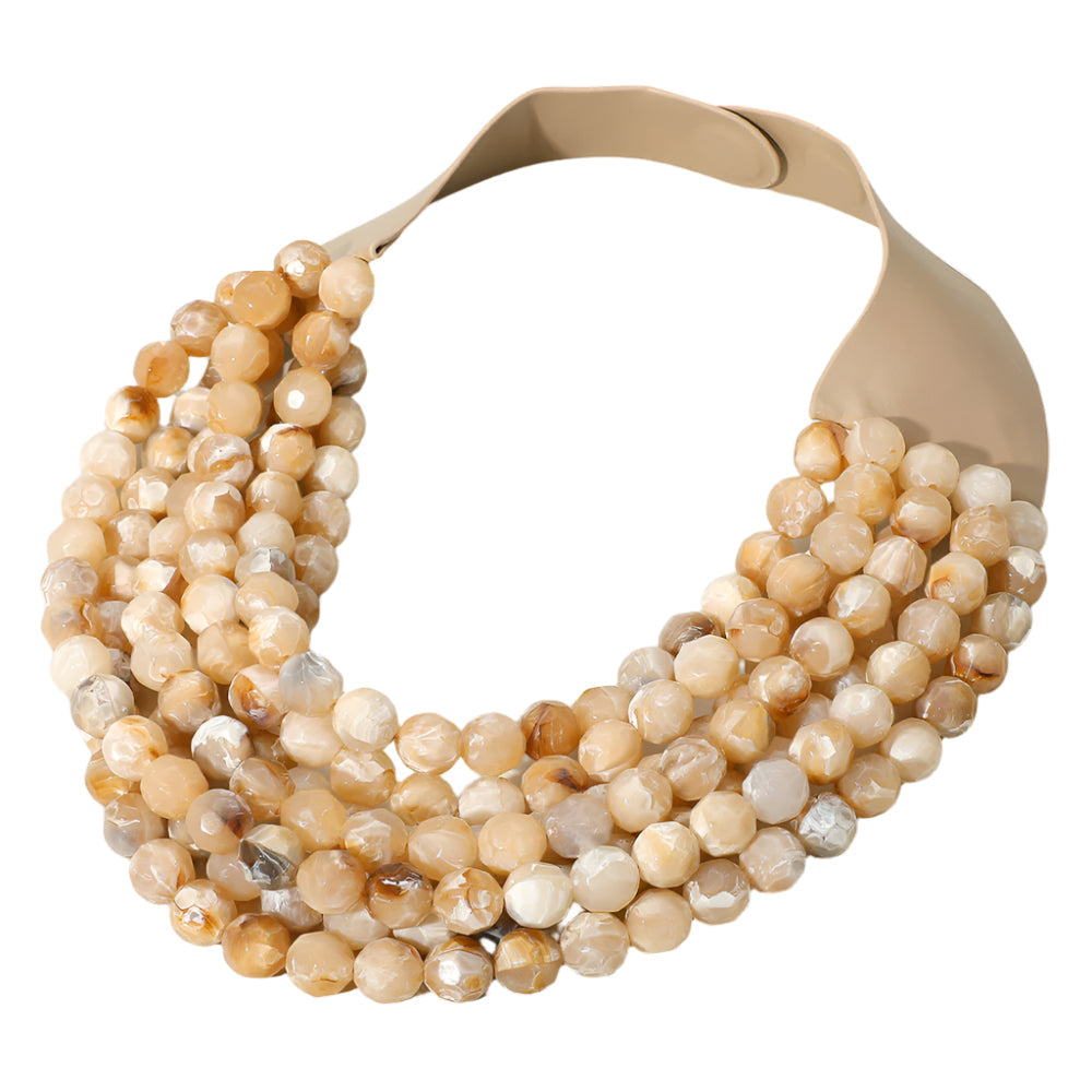 Marbled Faceted Acrylic Ball Beaded Multi Strand Layered Faux Leather Magnetic Necklace - Beige - Necklaces