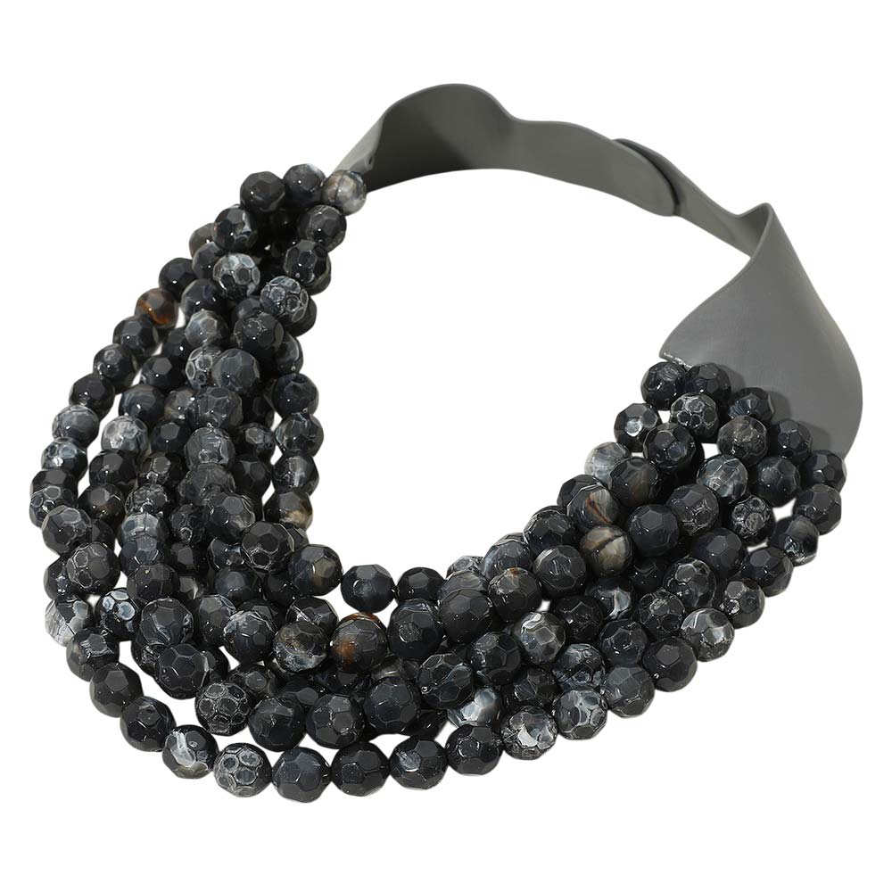 Marbled Faceted Acrylic Ball Beaded Multi Strand Layered Faux Leather Magnetic Necklace - Black - Necklaces