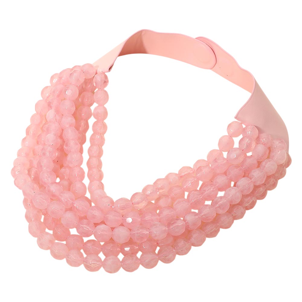 Marbled Faceted Acrylic Ball Beaded Multi Strand Layered Faux Leather Magnetic Necklace - Light Pink - Necklaces
